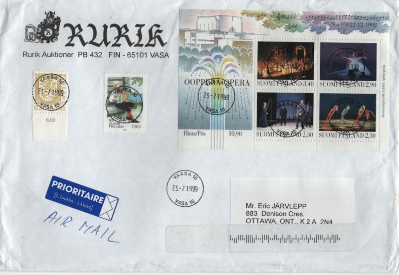 Finland 1999 Cover Sc 927 Opera Souvenir sheet, Sc 797, Sc 556 Priority Canada