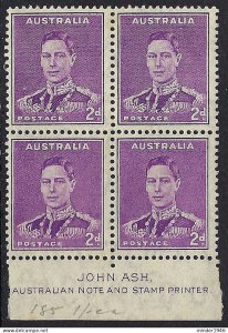 AUSTRALIA 1941 KGVI 2dx4 Bright Purple Block SG185 MNH with Bottom Gutter