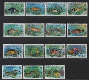 $Turks+Caicos Sc#360-374 M/NH/VF, complete set, fish, Cv. $20.45