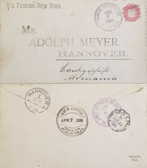 V. eb. p A) 1895, EL SALVADOR, POSTAL STATIONARY, VIA PANAMA-NEW YORK, FROM SANT