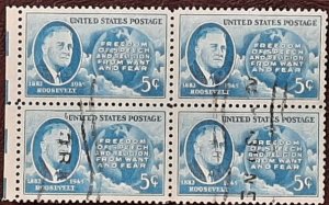 US Scott # 933; used 5c FDR and Map from 1946; block of 4; VF/XF centering