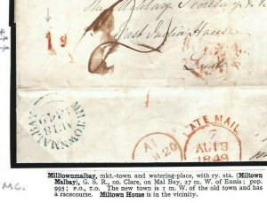 GB IRELAND Cover *Milltownmalbay* DISTINCTIVE UPP HANDSTRUCK *1d* 1849 RARE L25c