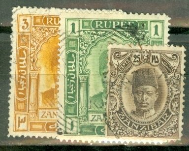 IZ: Zanzibar 99, 102, 109 mint; 100-1,103-8, 110 used CV $154; scan shows a few