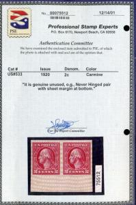 Scott#533 Washington Mint Imperf Pair of Stamps NH  with PSE Cert (533-PSE3 )