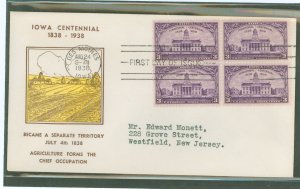 US 838 1938 3c Iowa Territory Centennial (block of four) on an addressed first day cover with an unknown cachet.