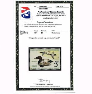 EXCELLENT GENUINE SCOTT #RW42 MINT OG VLH 1975 FEDERAL DUCK STAMP PSE CERT