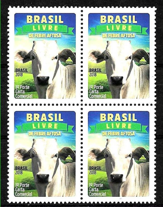 BRASIL BRAZIL 2018,FAUNA,COW ,AFTOSA FREE,BLOC OF 4,MNH