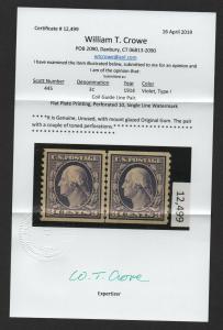 $US Sc#445 M/H/XF-Sup app., coil line pair, Crowe Cert., glazed OG, Cv. $1200