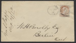 1872 Hamilton ONT '5' Duplex Cancel On Cover to Berlin ONT