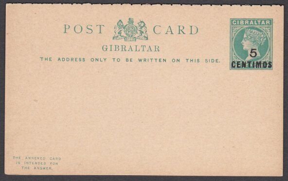 GIBRALTAR QV postcard 5 centimos on ½d with reply card attached - unused....T329