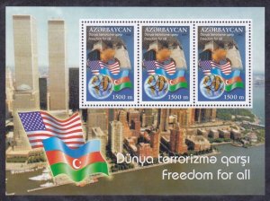 Azerbaijan 736 MNH 2002 Remembrance of Sept 11 Terrorist Attacks Mini Sheet of 3