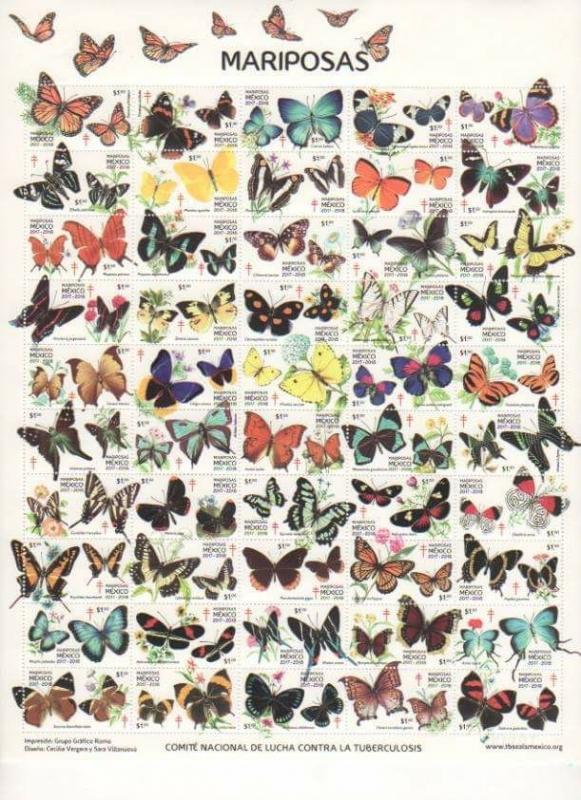 RA) 2017 MEXICO, NEW ISSUE, FULL PANE, BUTTERFLY, SPECIES OF BUTTERFLIES