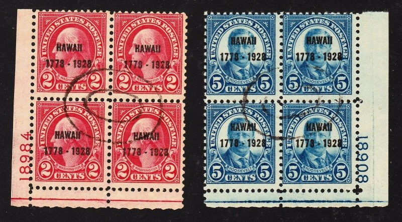 Scott 647-648 Used Plate Blocks, Hawaii Overprint