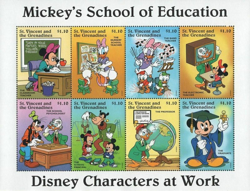 St. Vincent Disney Mickey's School of Education Souv. Sheet of 8 Stamps MNH 