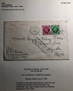 1940 Worcester England Not Censored Airmail Cover To Calcutta India
