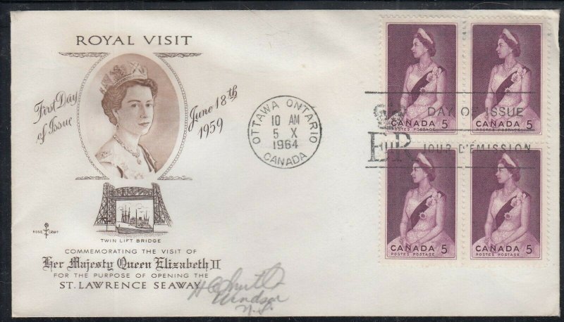 Canada Scott 433 Blk 4 Rose Craft FDC - 1964 Royal Visit