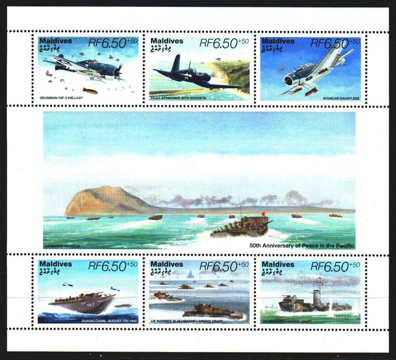 Maldives. 1995. Small sheet 2390-95. Fights in the Pacific Ocean, ships, plan...