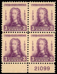 US Sc 726 VF/MNH BLOCK of 4 w/Plate# - 1933 3¢ - Gen.  Oglethorpe - See Scan