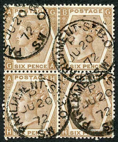 SG122a 6d Chestnut Parliament Street CDS Block of Four Cat 425 pounds