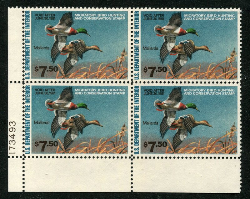 RW47, $7.50 MALLARDS PLATE NO. BLOCK OF 4, OG,NH,VF,⭐⭐⭐⭐⭐