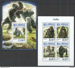 2013 Mozambique Animals Fauna Monkeys Gorilla Kb+Bl ** St2490