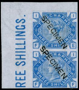 SGT11, 3s ultramarine, NH MINT. IMPERF SPECIMEN. COLOUR TRAIL PAIR.