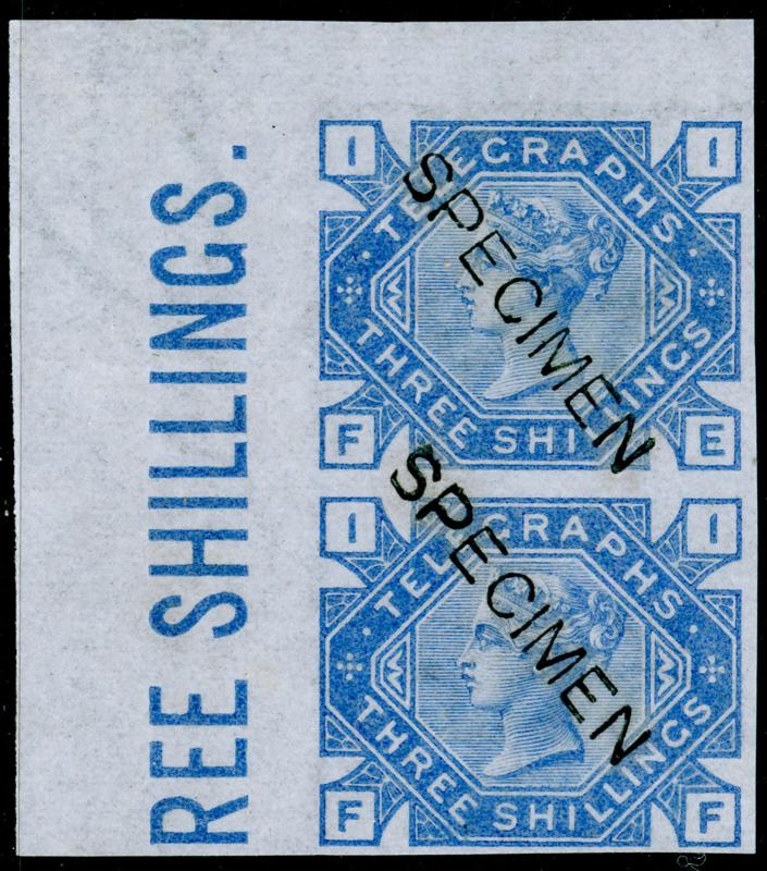 SG T11, 3s ultramarine, NH MINT. IMPERF SPECIMEN. COLOUR TRAIL PAIR.