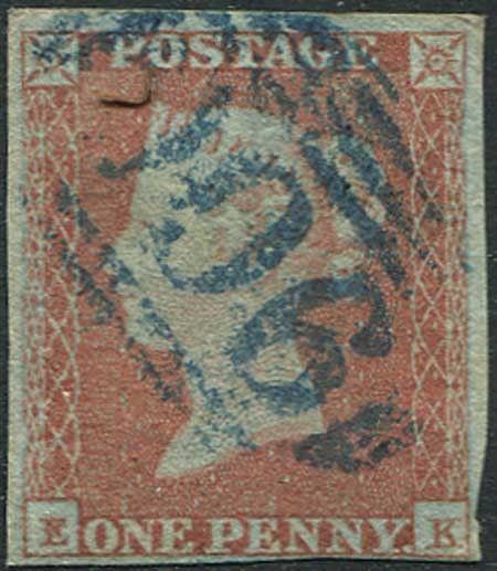 1841 Penny Red (EK) with Woburn 906 Cancel in Blue Cat £250+