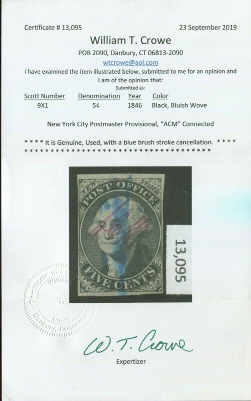 Scott 9X1 Washington Postmasters Provisional Used Stamp with Crowe Cert (9X1-C1)