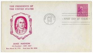 1939 Prexie Coil FDC, #843,4c James Madison, Hux Cut P-11