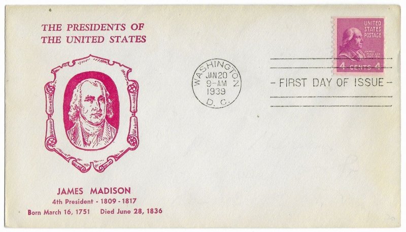 1939 Prexie Coil FDC, #843,4c James Madison, Hux Cut P-11