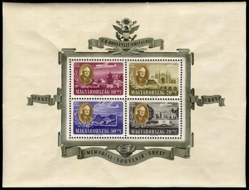 Hungary #CB1-CB1c Cat$125, 1947 FDR souvenir sheet of four, never hinged, usu...