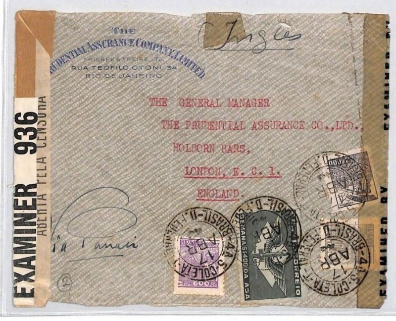 CE76 AVIATION Brazil Cover 1940 WW2 Rio TRIPLE CENSORED Air Mail PANAIR London