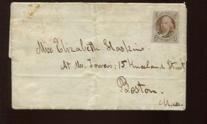 1 Franklin Imperf Used Stamp on Cover Amhearst to Boston with PF Cert LV2719