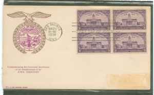 US 838 1938 3c Iowa Centennial bl of four on an addressed FDC with an F.R. Rice cachet