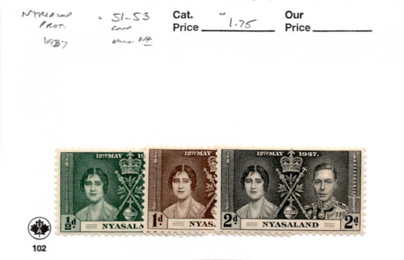 Nyasaland, Postage Stamp, #51-53 Mint NH, 1937 Coronation (AC)