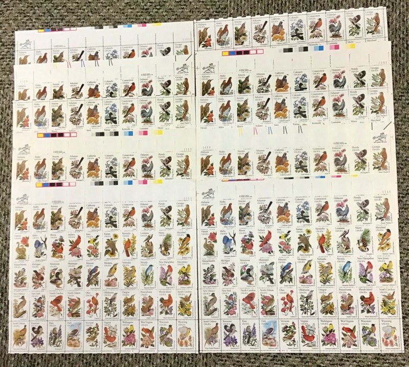 1953-2002 State Birds & Flowers Lot of 10 sheets FV $100  line perfs