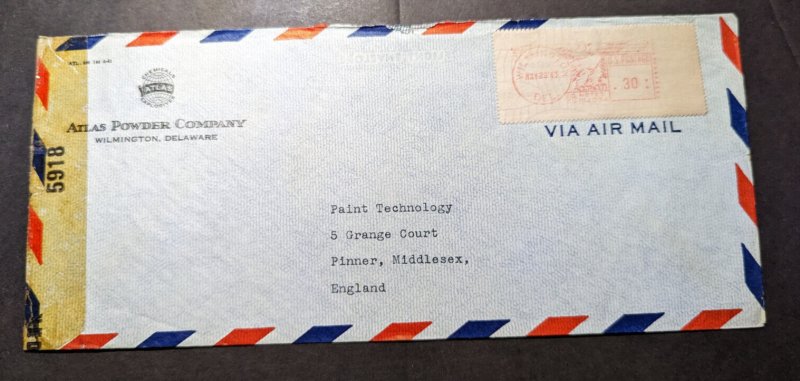 1943 Censored USA Airmail Cover Wilmington DE to Pinner Middlesex England