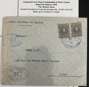 1916 Cochabamba Bolivia censored National bank Cover To Paris France