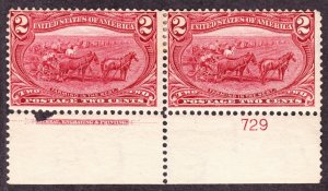 US 286 2c Trans-Mississippi Plate #729 Inscription Pair F-VF OG H SCV $60