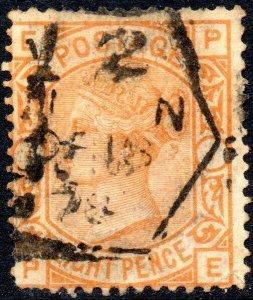 1876 Sg 156 8d Orange 'PE' Plate 1 with Late Fee Duplex Cancellation Good Used