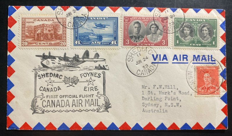 1939 Shediac Canada First Flight Airmail Cover To Sydney Australia Via Ireland 