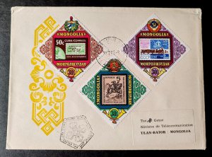 A first day cover with several postage stamps from Mongolia is part of a spe...