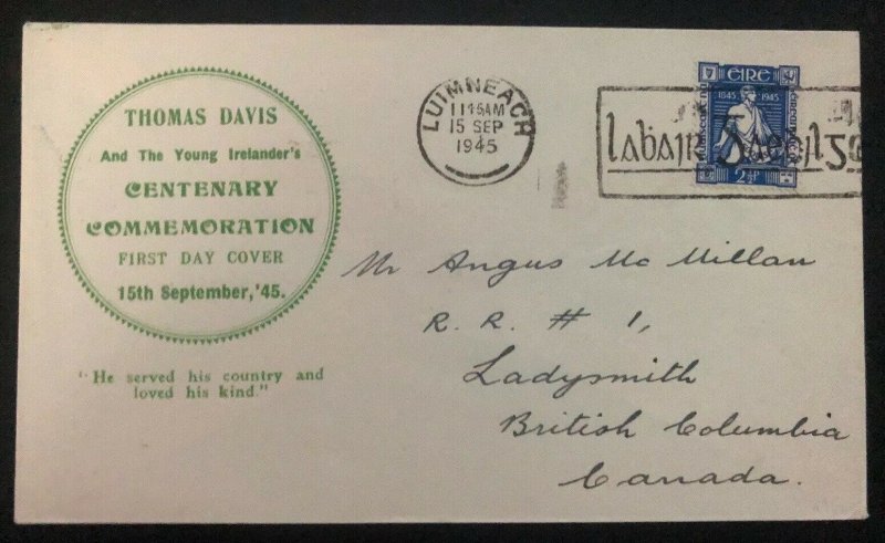 1945 Limerick Ireland First Day Cover FDC To Canada Thomas Davis Centenary