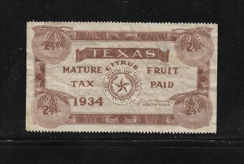 US State Revenues: Texas Citrus Fruit Stamp; 2½c 1934 Issue; #CF16; Used