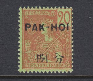 France, Pakhoi Sc 23 MNH. 1906 20c red on green w/ black ovpt, fresh, bright 