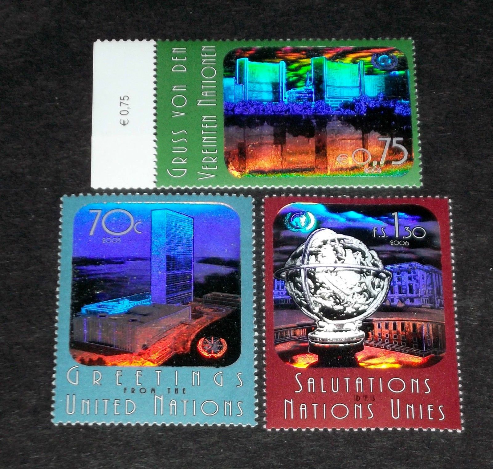 U.N. Hologram Issue, Singles, ALL 3 Offices,Mnh Nice! Lqqk! Worldwide United Nations, Stamp