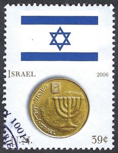 United Nations #920d  39¢ Israel Coin and Flag (2006) Used.