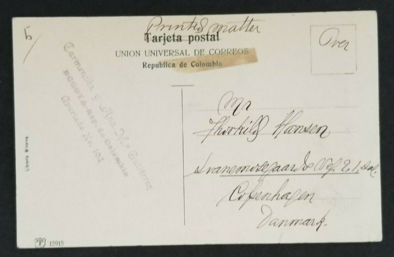 1914 Bogota Colombia to Copenhagen Denmark St Francisco Park RPPC Postcard Cover