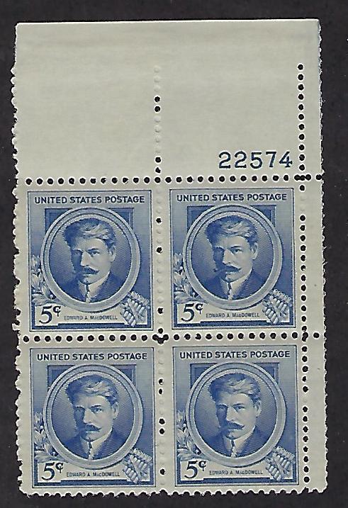 882 Catalog # Famous Amerian Composers Plate Block of 4 5 Cent Stamps MacDowell